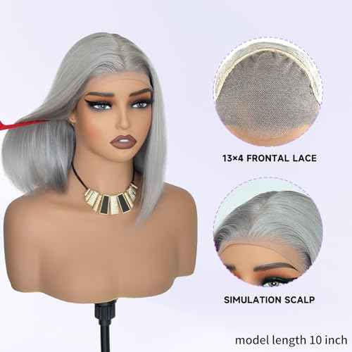 Silver Grey 13x4 Lace Front Bob Wig Brazilian Virgin Human Hair Wig Pre Plucked Hairline with Baby Hair UHD Transparent Lace Natural Looking Bleach Knots Glueless Wigs for Women 180% Density 10 Inch