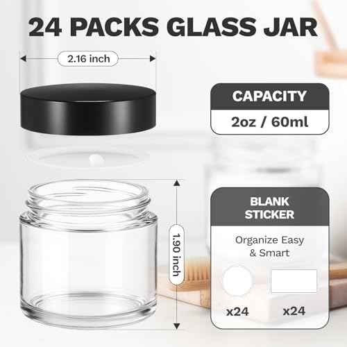 Bumobum 2 oz Small Glass Jars with Lids, 24 Pack Clear Glass Cosmetic Jars with Inner Liners, 60ml Round Empty Sample Containers for Cream, Salve, Powders and Ointments Storage