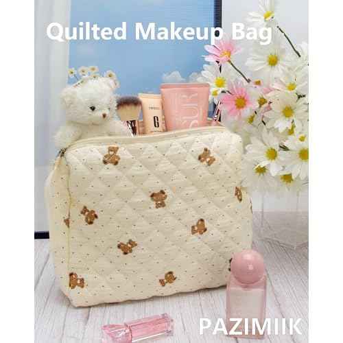 PAZIMIIK Quilted Makeup Bag Large Travel Zipper Soft Cosmetic Pouch for Women Girls Make Up,Gauze Bear