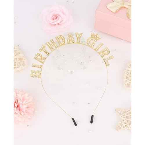 Wecoe Gold Birthday Girl Headband - Sparkling Rhinestone Tiara Crown Hair Accessories for Women Girls - Happy Birthday Party Decorations, Princess Birthday Gift Idea