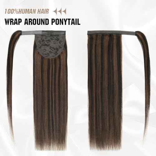 Ponytail Extension Human Hair 20 Inch Dark Brown to Chestnut Brown Silky Straight Clip in Hair Extensions Wrap Around Ponytail Hair Piece for Girls(20 Inch Dark Brown to Chestnut Brown #2P6 95G)