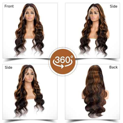 13x6 Highlight Body Wave Lace Front Wigs Human Hair Pre Plucked 200% Density FB/30 Ombre Frontal Wigs Human Hair HD Lace Wig Glueless Balayage Wigs for Black Women Human Hair Bleached Knots 24 Inch