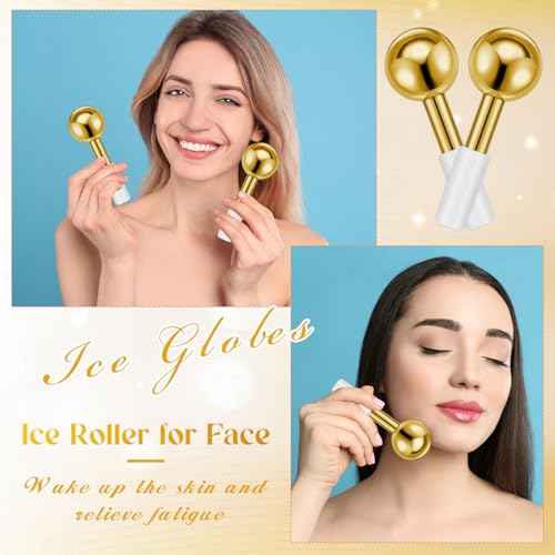 Baderke 2 Pcs Ice Globes for Face Stainless Steel Cooling Globes Unbreakable Cooling Roller Women Ice Balls Cryo Sticks Facials Skin Care for Dark Circles, Puffiness(Gold (White Handle))