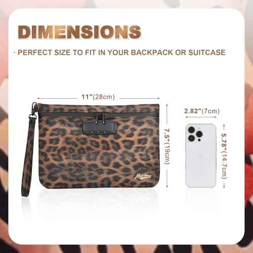 Storage Bag with Combination Lock 11" x 7.5" Money Cosmetic Organizer Medicine Lock Bag Travel Storage Case Pouch Great Christmas Gift for Women Leopard