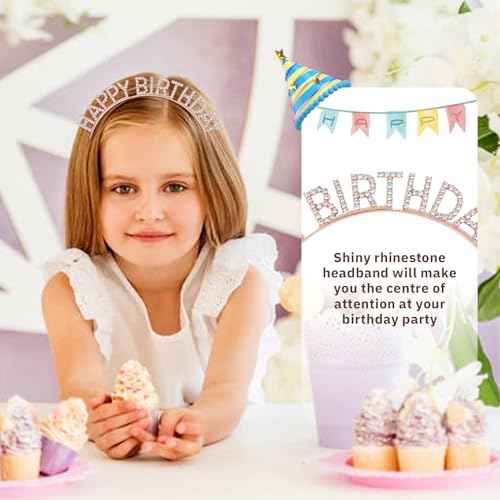 inSowni 8 Pack Sparkling Rhinestone Rose Gold Metal Happy Birthday Headbands Hair Crowns Tiaras Bands Hoops Birthday Party Hair Accessories for Toddlers Girls Kids Teens Women