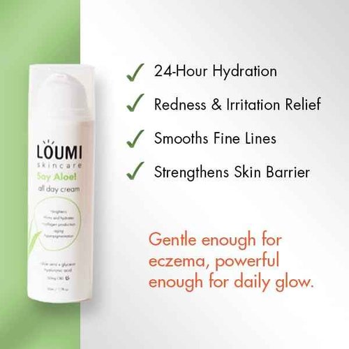 LOUMI Skincare Say Aloe All-Day Face Cream | Hydrating Aloe Vera & Hyaluronic Acid Moisturizer | Nourishes, Soothes & Softens Dry Skin | Natural, Vegan & Cruelty-Free | 1oz