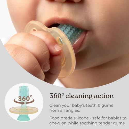 haakaa 360¡Æ Silicone Baby Toothbrush ? 100% Soft Food Grade Silicone, BPA-Free, Suction Base, Safe for Babies 6 Months+, Gentle Gum and Teeth Cleaning for Infants, Gum Massager (Mist Blue)