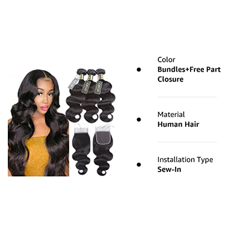 QTHAIR 14A Grade Brazilian Body Wave Human Hair Bundles with Closure Human Hair Weave with Closure (14" 16" 18" with 12") 100% Unprocessed Brazilian Virgin Hair 4x4 Swiss Lace Closure