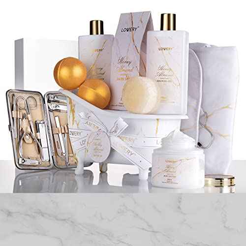 Christmas Gifts for Mom, Gift Basket, Spa Gifts For Women, 31Pc Self Care Kit, Stress Relief Gift, Birthday, Thank You, Honey Almond Bath and Body Gift - Toiletry Bag, Nail Kit, Bath Bombs & More