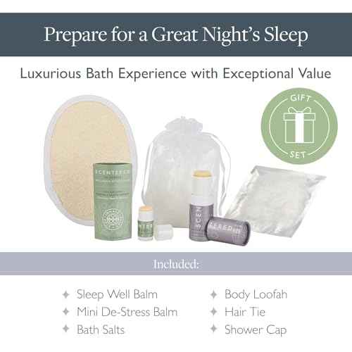 Scentered Prepare for a Great Night's Sleep Bath Set - Bath Salts, Aromatherapy Balms, Body Loofah, Hair Tie & Shower Cap - Relaxing Bath Set for Restful Sleep - Mother's Day Gift Ideas