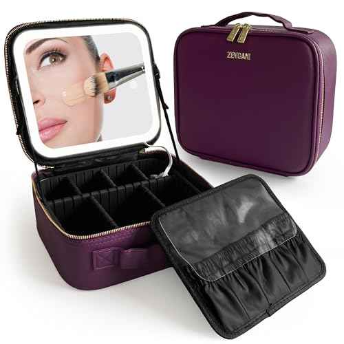 ZEVGANI Travel Makeup Bag with LED Mirror, Rechargeable Lighted Makeup Case with Adjustable Brightness & Dividers, Portable Makeup Box Organizer Vanity Case for Toiletries & Brushes, Plum Purple