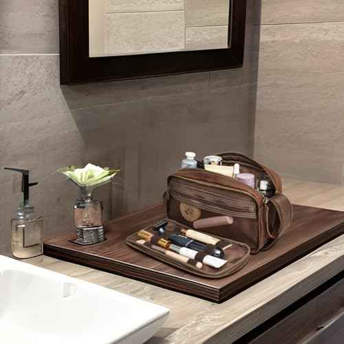 S-ZONE Leather Travel Toiletry Bag for Men Women Traveling Cosmetic Shaving Bags Dopp Kit