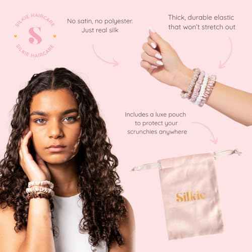 SILKIE x4 Set - Forget Satin - 100% Pure Mulberry Silk Black Brown Leopard Skinny Scrunchies Travel Pouch Everyday Hair Ties Elastics Hair Care Ponytail Holder No Damage (Savannah)