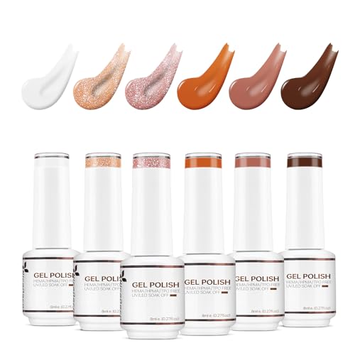 Nicedeco Gel Nail Polish 6 Pcs 8ml White Nude Orange Brown Purple Glitter Color Soak Off LED U V Gel Nail Kit Manicure DIY Home for Women