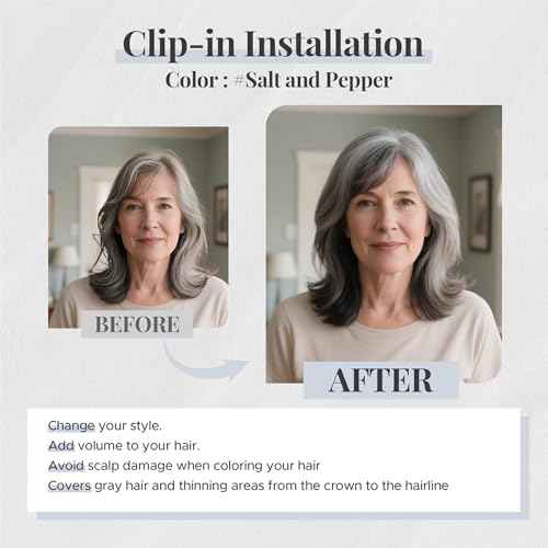 Human Hair Topper for Women, with Silk Base 3.94x4.72, 12 Inches, 4 Clips, for Thinning Hair, with Front Bangs, Salt and Pepper Color, Natural Look