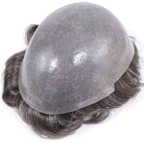 HAPPY&CC Grey Thin Skin Toupee for Men Hair Replacement Systems 8x10 Inch PU Poly Mens Toupee Human Hair Piece 430# Medium Brown with 30% Synthetic Gray