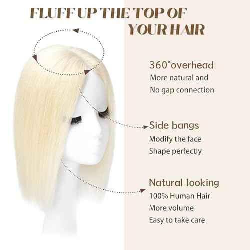 viviaBella Human Hair Hand-tied Swiss Lace Base Toppers Natural Looking no Bangs,Clip in Real Human Hair Toupee for Women with Thinning Hair Big Coverage 12 Inch Hairpieces (Light Blonde 60#)