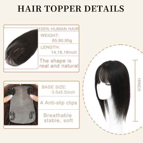 Hair Toppers for Women Real Human Hair,360¡Æ3D Big Basement Cover Topper for Women with Thinning Crown with Wispy Clip in Bangs Realistic Scalp (Dark brown, 3D Wispy Bangs 16INCH)