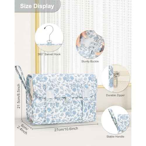 Hanging Toiletry Bag, Travel Toiletries Bag with Hanging Hook, Water Resistant Makeup Cosmetic Organizer for Full Sized Container, Shampoo, Portable Wash Bag for Travel Size Essentials - Blue Flower