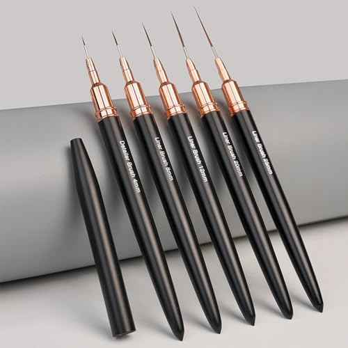 5Pcs Metallic Nail Art Liner Brush Set, UV Gel Polish Painting Tools for Long Lines, Thin Details, Fine Drawing, Sizes 4/8/12/20/25mm (Black)
