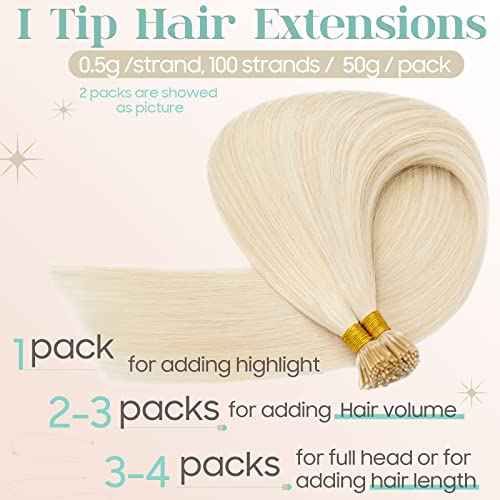 S-noilite Pre bonded I Tip Hair Extensions Human Hair Cold Fusion Stick Tip Real Human Hair Piece Invisible Keratin Glue Hair Extensions Full Head 100 Strands 50g 16 Inch (#60 Platinum Blonde)