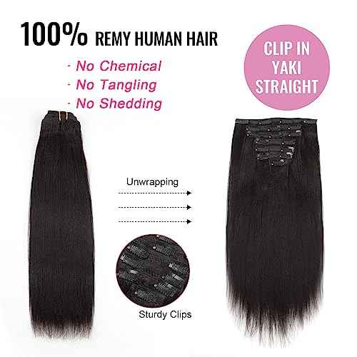 ABH AmazingBeauty Hair Yaki Straight Clip Hair Extensions Human Hair Real Remy Thick Yaki Clip in for African American Relaxed Hair 7 Pieces 120 Gram Per Set, 18 Inch