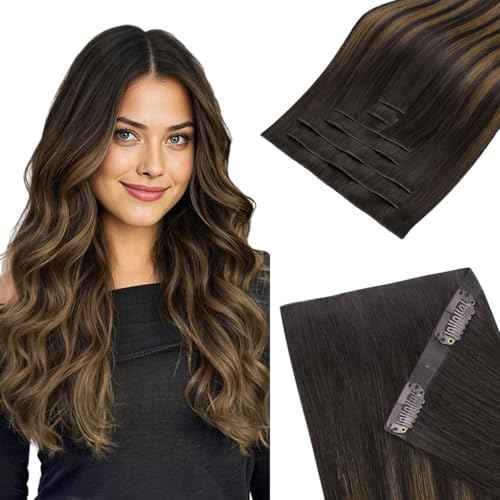 HOTBANANA Invisi Edge Clip in Hair Extensions, 18inch 110g 7Pcs Injected Seamless Clip in Extensions Real Human Hair Balayage Dark Brown Mixed Chestnut Brown PU Hair Extensions Straight Hair