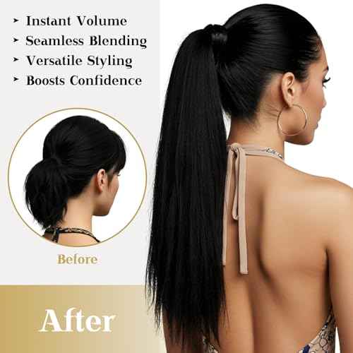 Ve Sunny Ponytail Extension Real Human Hair for Women Clip in Ponytail Hair Extension Straight Hair Pieces Wrap Around Jet Black 22inch 80G