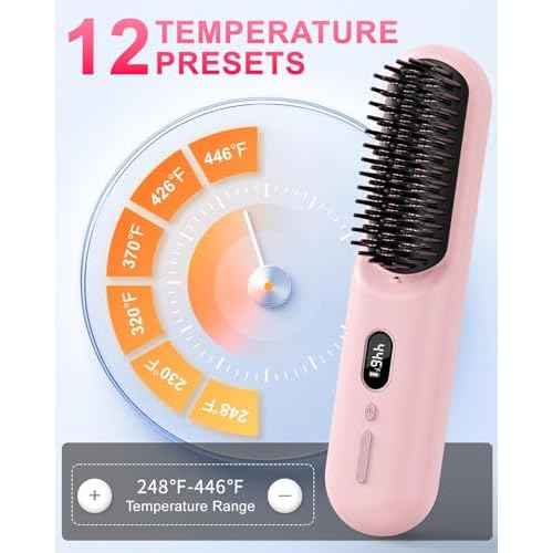 Sunwhisper Cordless Hair Straightener Brush with 200 Million Anion, Portable Cordless Straightener Comb for Travel with LCD Display (2 Clips,Pink)