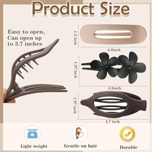 6 PCS Flat Hair Clips, French Lay Flat Claw Clips for Women Girls, 3 Styles Strong Hold Non-slip Matte Hair Claws for Thin Thick Hair(Brown&White)