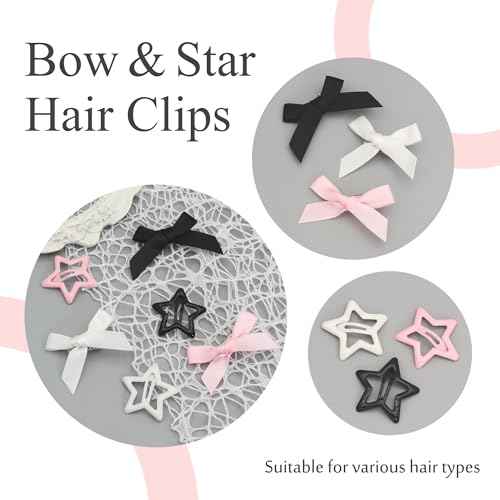 24PCS Bow Hair Clips - 3 Colors Satin Mini Hair Bow Clips Y2K Star Barrettes Bowknot Metal Snap Hair Accessories for Women Girls, Black
