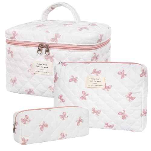 Makeup Bag,Quilted Cosmetic Bag,Large Floral Make Up Bag for Women,Cotton Makeup Bag Set,Flower Travel Toiletry Bag