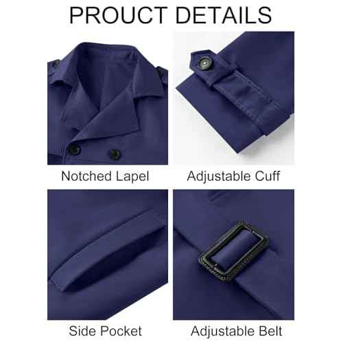 Pretifeel Mens Trench Coat Slim Fit Double Breasted Long Jacket Notched Lapel Belt Fall Windproof Coat
