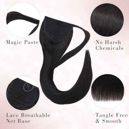 Ponytail Extensions Human Hair Long Straight Ponytail Hair Extensions with Magic Paste Wrap Around Clip in Ponytail Extensions Real Human Hair,22inch #1B Jet Black,95g