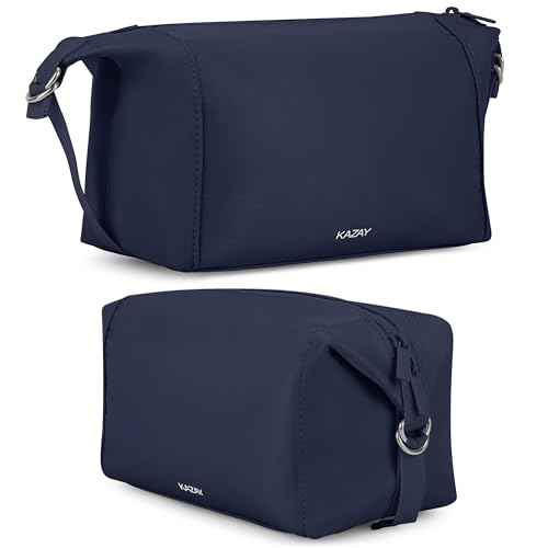 KAZAY Expandable Toiletry Bag with Side Clips for Adjustable Sizing, Premium High-Density Nylon, Open Wide Zipper, Stylish, Water Resistant, Cosmetic Bag, Makeup Bag, Full-Size Bottles, Unisex (Navy)