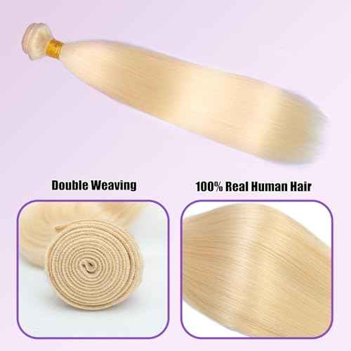 613 Bundles Human Hair 24 Inch Straight Blonde Bundles Human Hair 100% Unprocessed 12A Grade Brazilian Virgin Raw Hair Quick Weave 1 Bundles Blonde Human Hair Bundles Hair Extensions for Women