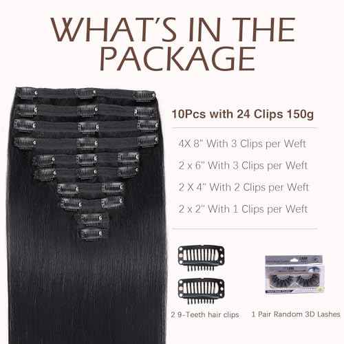 Clip in Hair Extensions Real Human Hair,18inch 150g 10Pcs with 24 clips,Natural Black,Straight Human Hair Clip in Hair Extensions for Black Women