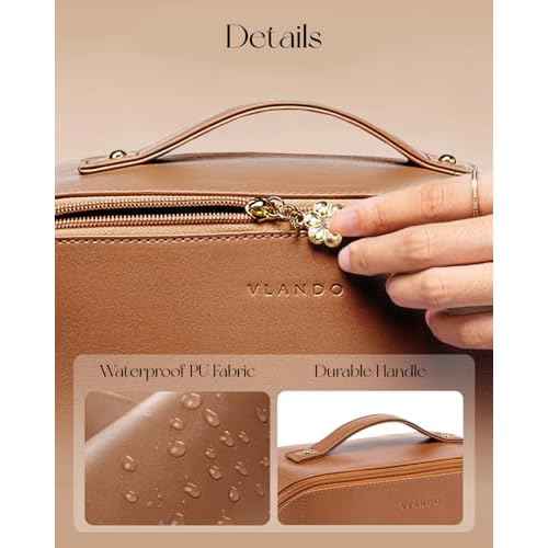 Vlando Makeup Bag,Large Capacity Travel Toiletry Bag,Cosmetic Bags for Women PU Leather Waterproof Portable Pouch with Divider & Handle-Brown
