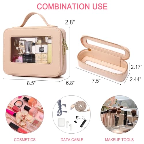 Pinkmik Clear Makeup Bag Transparent Travel Case for Cosmetics and Toiletries Women's Brush Bag and Clear Car Bag with Zipper (G/Beige, L+Slim)