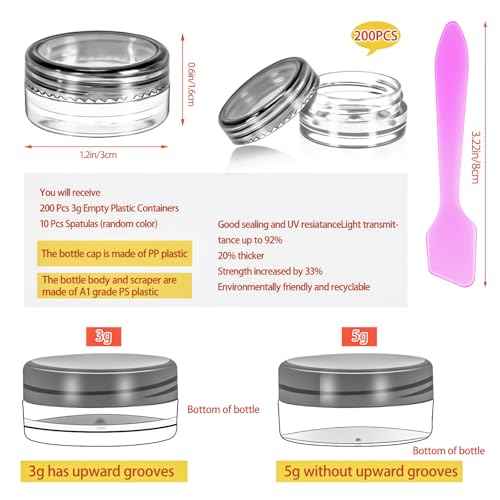 MotBach 200 Pack 3g Plastic Jars with Lids, 3ml Round Clear Cosmetic Containers Makeup Jars, 3gram Travel Size Container Jar with Spatulas for Makeup Sample Lotion Cream Ointment Salve Balm Powder