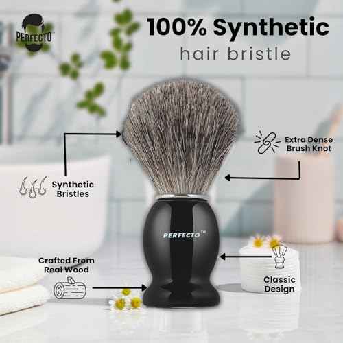 Perfecto Synthetic Bristles Shaving Brush For Men, Engineered for The Best Shave of Your Life. Shave Brush for Wet Shave for Safety Razor - Barbers Accessories, Gift For Him
