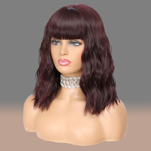 WAVE&BREEZE Short Wavy Ombre Red Wig with Bangs for Women Short Curly Bob Wine Red Hair Wig Synthetic replacement Wigs Costume Cosplay Wig for Daily Wearing(14'' Ombre Red)