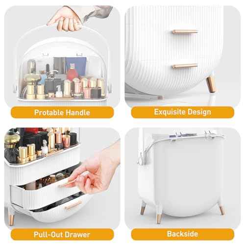 Makeup Organizer with Transparent Lid & 2 Drawers ? Large Capacity Cosmetic Skincare Storage Box for Bathroom Vanity, Countertop, Bedroom ? Portable and Dustproof, White (11"x7"x14")