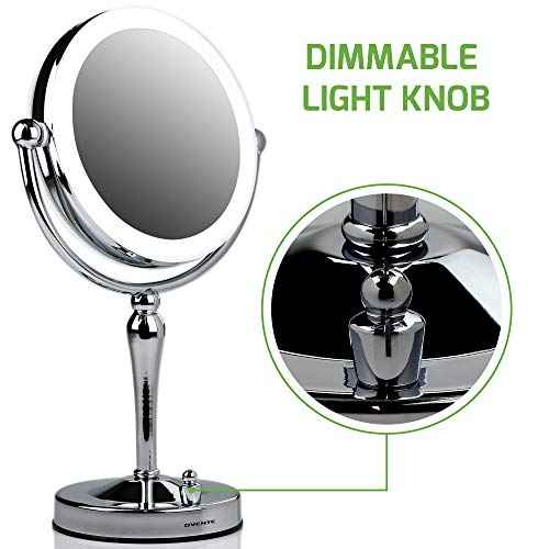 Ovente Lighted Makeup Mirror Tabletop 7.5'' 360 Degree Double Sided Spinning 1X 10X Round Magnifier, LED with Dimmer Switch, Acrylic Edge, Battery & USB Adapter Operated, Polished Chrome MKT75CH1X10X