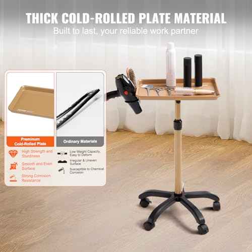 VEVOR Salon Tray Cart, 30"-43" Height Adjustable Rolling Salon Tray, Cold-Rolled Plate Tattoo Tray with 5 Wheels (2 Lockable) for SPA Barber Clinic, Gold & Black