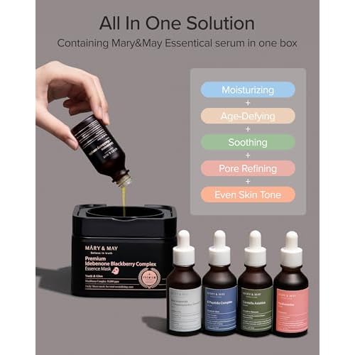 Mary&May Premium Idebenone Blackberry Complex Essence Mask - Quick Dispenser Type Anti Aging Korean Face Mask Sheet - Vitamin C, Panthenol, and Ceramide for Moisturizing and Radiant Skin, 20 Sheets