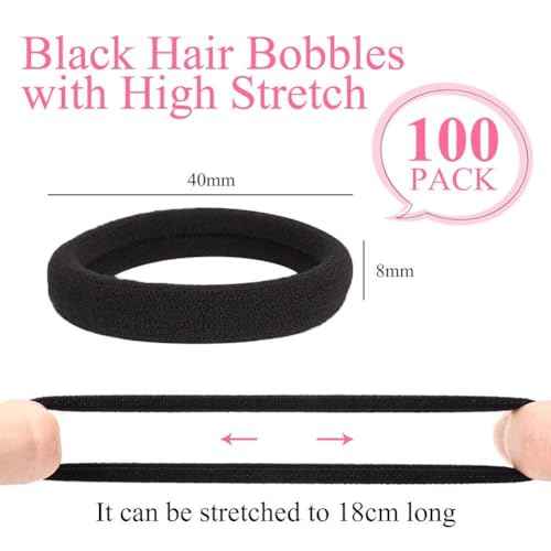 100PCS Black Soft Seamless Cotton Hair Ties for Women and Girls, Thick/Thin Hair Ponytail Holders, No Crease No Damage Elastics (1.6 Inch Diameter)