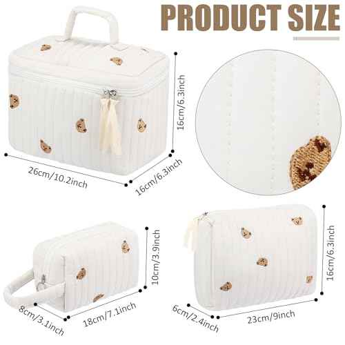 Paterr 3 Pieces Cotton Quilted Makeup Bag Set Coquette Cosmetic Bag Aesthetic Travel Toiletry pouch Cute Pouch Kawaii Aesthetic for Women(White,Little Bear)