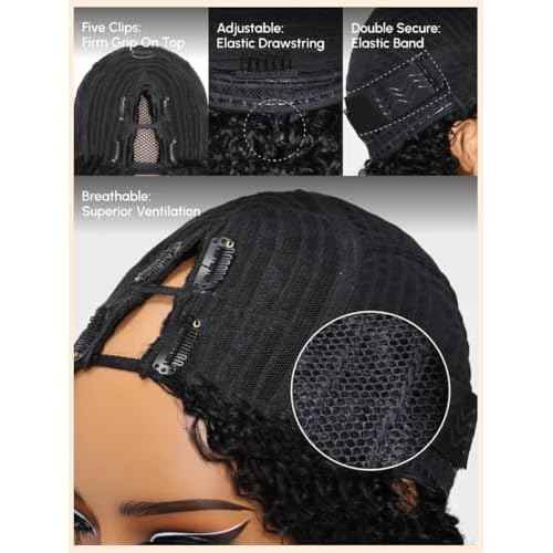Nadula EasiContour V Part Yaki Straight Human Hair No Leave Out Clip in V-part Wig,12A Glueless Upgrade U Part Light Kinky Straight Human Hair Wig 180% Density with Elastic Drawstring 16inch