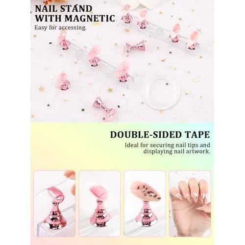 Nail Art Tools Set, Nail Stand for Press on Holder for Painting Nails, Nail Art Brushes, Liner Brushes, Nail Dotting Tool, Must Haves Design Tools Supplies Kit for Nail Tech & Beginners (Pink)